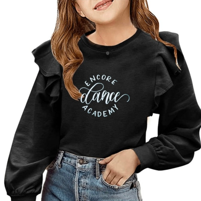 Black Logo Ruffle Long Sleeve Top
